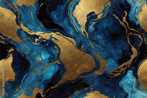 blue paint swirls with golden splases texture background