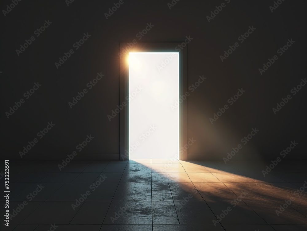 A single open door glowing with bright light in a darkened room symbolizes opportunity, hope, and the unknown.