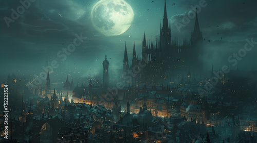 A mystical cityscape under a large full moon, with Gothic architecture prominent, the environment is enveloped in a surreal, ethereal atmosphere, touched by soft lights and a gentle fog. © ChubbyCat