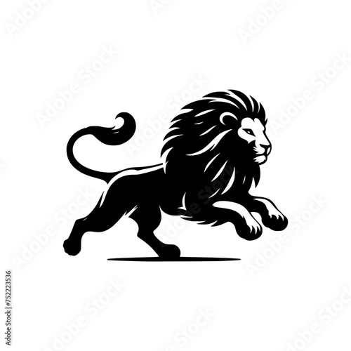 Black and white illustration of a running lion. Vector logo of a lion.