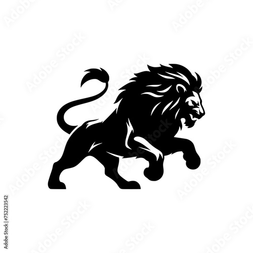 Black and white illustration of a running lion. Vector logo of a lion.