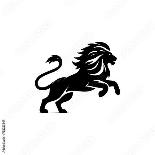 Black and white illustration of a running lion. Vector logo of a lion.