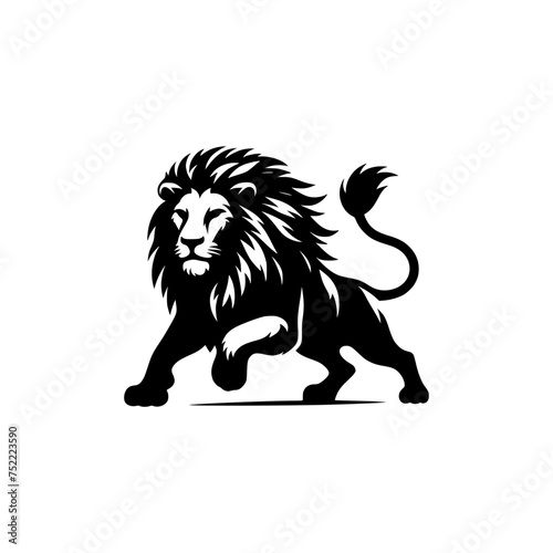 Black and white illustration of a running lion. Vector logo of a lion.