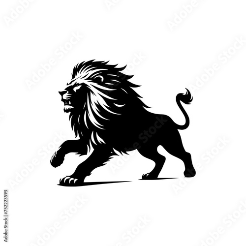 Black and white illustration of a running lion. Vector logo of a lion.