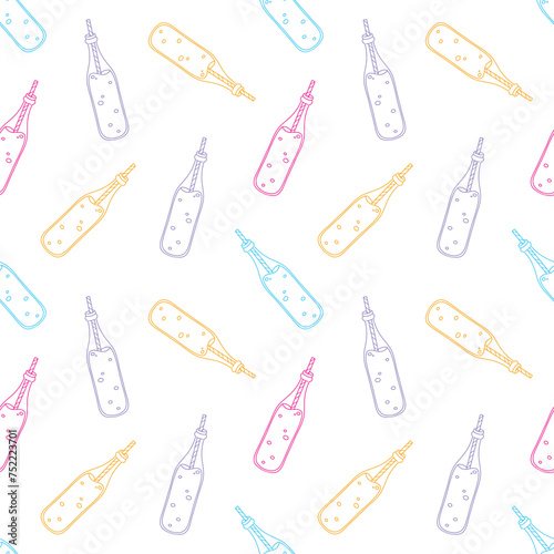 Seamless vector pattern with cute hand drawn soft soda drink bottles. Line objects. Colorful palette. Fun background for wrapping paper, textile, print, fabric, wallpaper, card, apparel, packaging.
