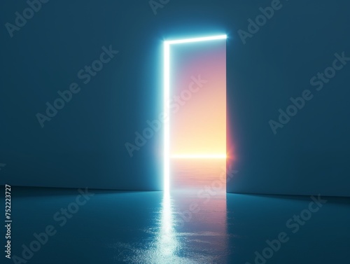 A glowing doorway opens to reveal a serene sunset over the ocean  symbolizing hope and new beginnings.