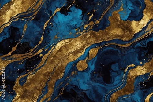 blue and golden acrylic paint waves on black background