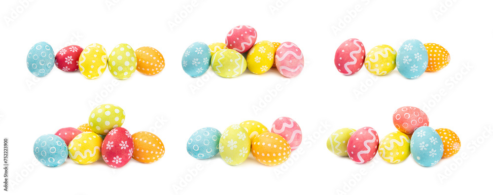 Fototapeta premium Easter eggs isolated on a white background. Handmade colorful Easter eggs. Easter celebration concept.