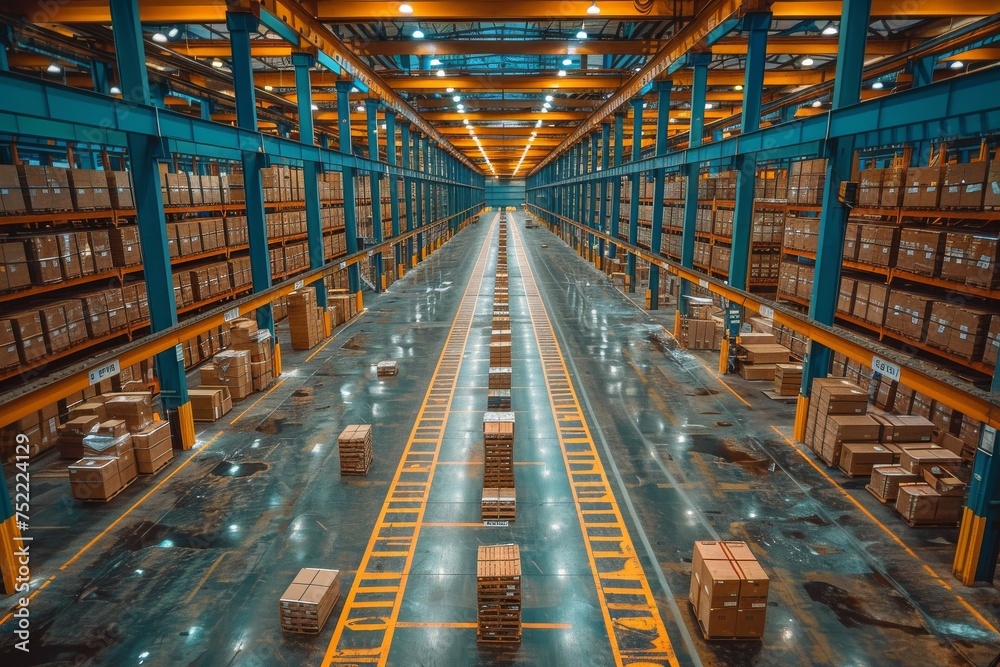 Fototapeta premium An expansive view of a large warehouse with symmetrical rows filled with packages