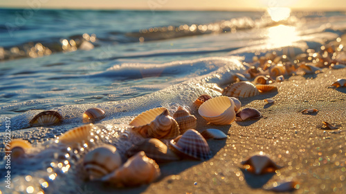 Seashells scattered along the shoreline of a beach