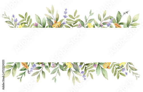 Watercolor wild flower border banner. Spring, summer garden. Design for invitation, card, stationery, fashion, wedding, prints. Blank space for your text. Hand drawn illustration. photo