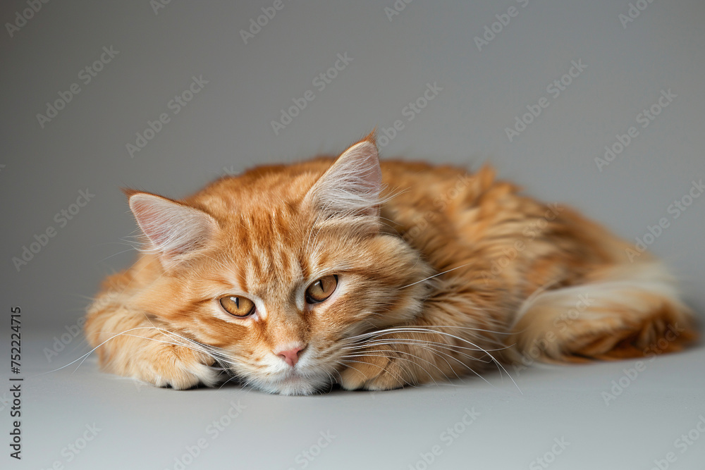 Portrait of a beautiful orange tabby cat lying on a grey background. Copy space. Portrait of a beautiful orange tabby cat lying on a grey background. Copy space.