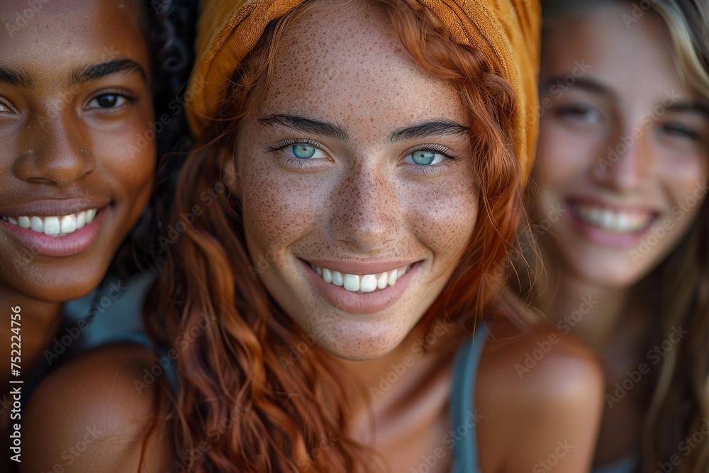 A close-up of three young women of different ethnicities sharing a joyful moment A close-up of three young women of different ethnicities sharing a joyful moment