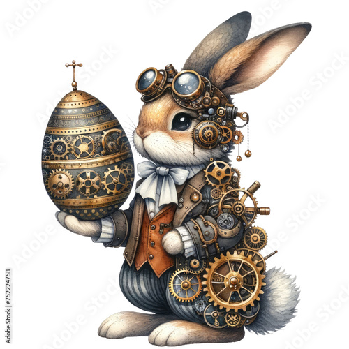 Steampunk Adventurer Bunny with Mechanical Easter Egg and Vintage Gear