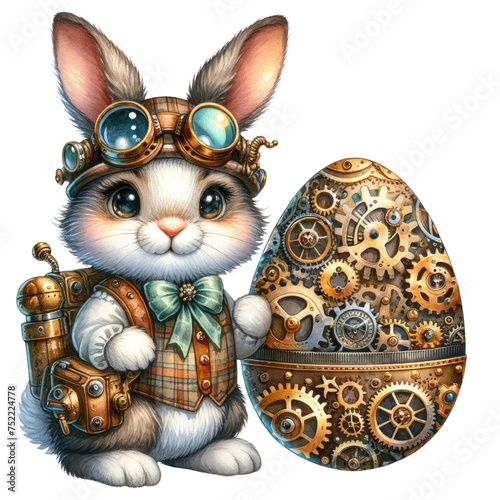 Steampunk Adventurer Bunny with Mechanical Easter Egg and Vintage Gear