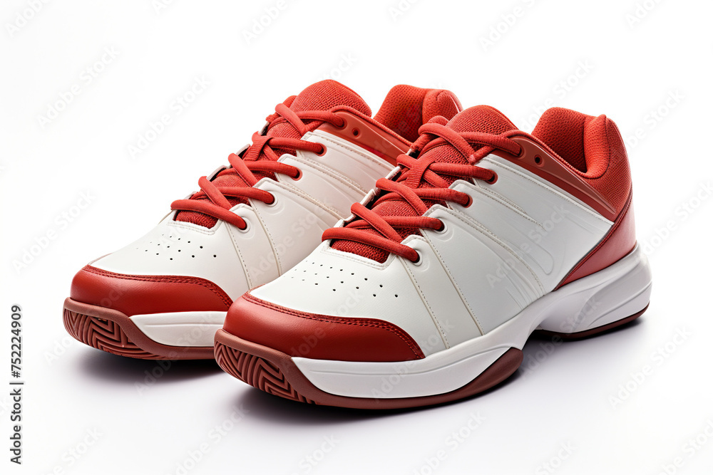 A pair of sports tennis shoes in red and white on a white background. Generated by artificial intelligence A pair of sports tennis shoes in red and white on a white background. Generated by artificial intelligence