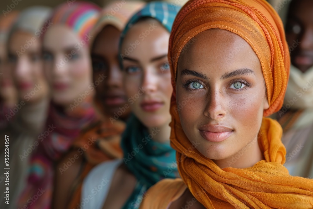 Young woman with striking blue eyes wearing an orange headscarf, with others out of focus behind her