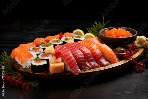 Set of sushi on wooden plate. Japanese food.