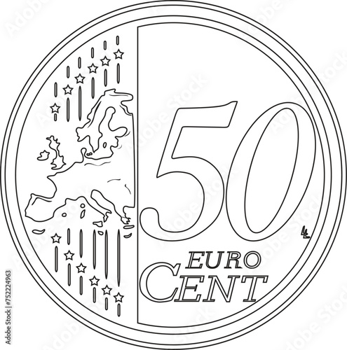 50 cent euro coin vector line art silhouette handmade design.