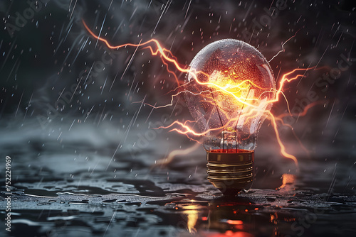 Light bulb with lightning in 3D background.