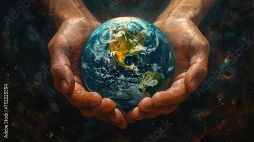 The image captures the vibrancy of Earth held in hands, surrounded by sparks, representing energy and vitality