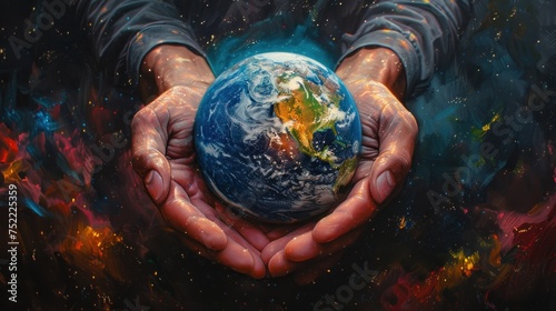 The image captures the vibrancy of Earth held in hands, surrounded by sparks, representing energy and vitality