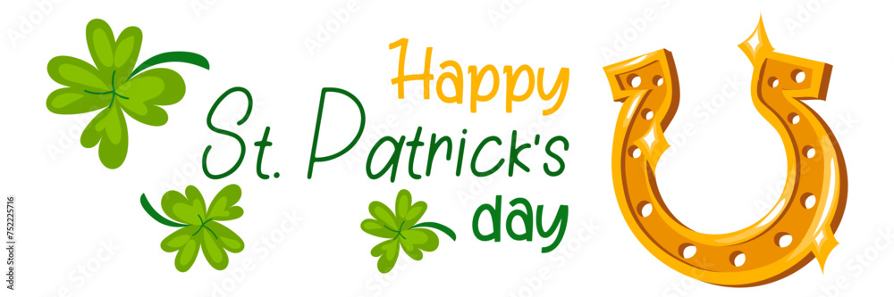 Funny inscriptions happy St. Patrick's Day and a golden horseshoe for good luck for posters, flyers, postcards, invitations, stickers, banners, gifts. Vector illustration modern Irishman. Horizontal Funny inscriptions happy St. Patrick's Day and a golden horseshoe for good luck for posters, flyers, postcards, invitations, stickers, banners, gifts. Vector illustration modern Irishman. Horizontal