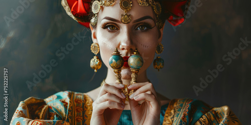 Portrait of a young pretty woman astrologer or fortune teller holding a miniature symbol of gemini twins, horoscope zodiac sign concept, horoscope prediction, copy space.