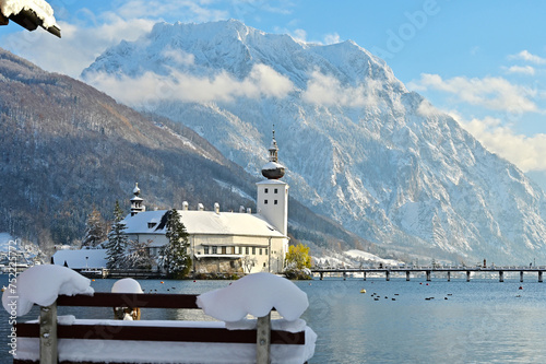 The Seeschloss Ort on Lake Traunsee in Gmunden in winter with snow