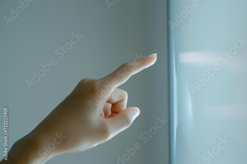 Mano tocando pantalla de realidad mixta, realidad aumentada, dedo haciendo click, conexión con el futuro, Blockchain y metaverso 