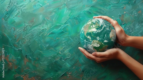 A bold and vibrant Earth is lovingly cradled by painted hands against a textured turquoise backdrop