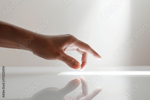 Mano mujer aislada tocando pantalla fondo blanco, tecnología futurista minimalista, pantalla táctil, dedos haciendo zoom photo