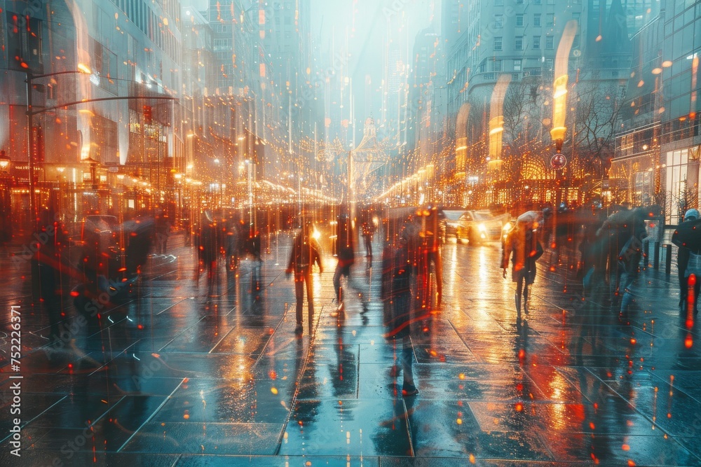 A busy city street is dynamically captured in a rainstorm, the lights reflecting poetically off wet surfaces A busy city street is dynamically captured in a rainstorm, the lights reflecting poetically off wet surfaces