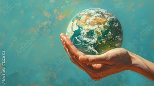 This striking image captures the essence of environmental care with hands cradling the Earth against a dynamic blue backdrop