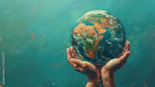This striking image captures the essence of environmental care with hands cradling the Earth against a dynamic blue backdrop