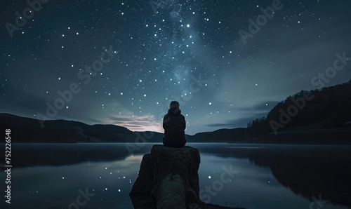 Man Standing Under night sky and stars shine in backgrounds. photo