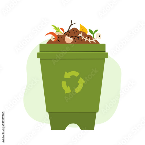 Cartoon flat icon of organic composting theme. Garden tools, bag of compost, ground, food garbage. Illustration of bio, organic fertilizer, compost bin and box, agronomy.