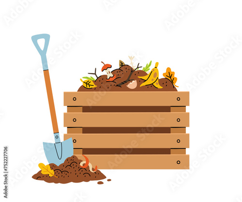Cartoon flat icon of organic composting theme. Garden tools, bag of compost, ground, food garbage. Illustration of bio, organic fertilizer, compost bin and box, agronomy.