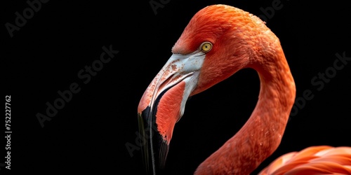 close-up flamingo con plumas rosas preciosas en fondo negro, flamingo aislado, ave con pico enorme, icono kitsch