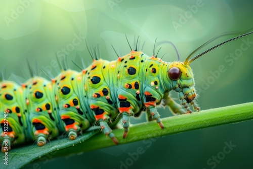 Retrato macro de una oruga verde sobre una hoja con fondo desenfocado, gusano con antenas, insecto venenoso  photo