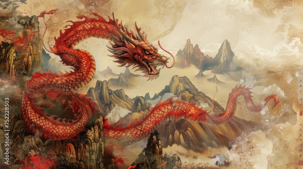 Illustration Dragon texture mountains background commemorating Happy Chinese New Year. Generative AI