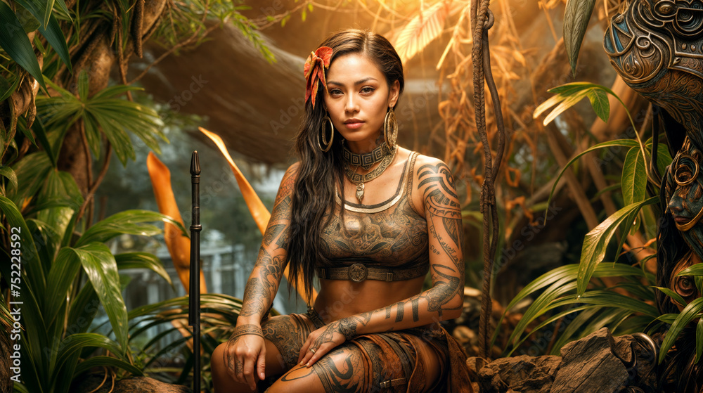 Indigenous Warrior Woman in Tribal Attire Amidst Tropical Jungle at Dusk