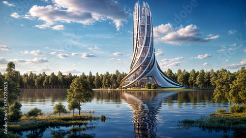 Futuristic Skyscraper Rising Majestically by a Lake amidst Lush Foliage on a Sunny Day
