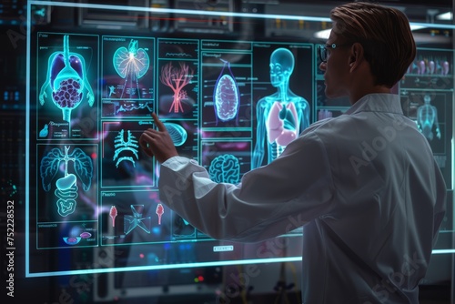 Specialist scrutinizing holographic human anatomy on futuristic monitor