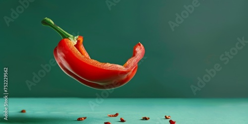 pimiento rojo cortado a la mitad aislado sobre fondo verde, pimiento rojo troceado