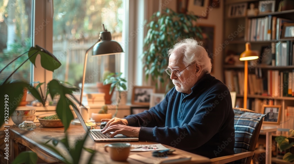 An senior man sits at a wooden desk in his home office and works with laptop computer An senior man sits at a wooden desk in his home office and works with laptop computer
