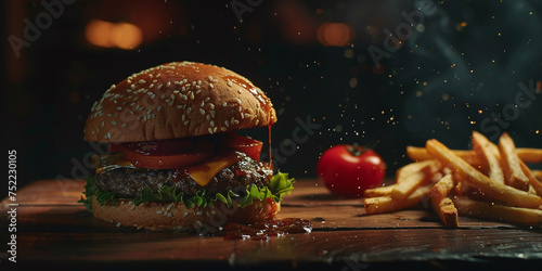close up burger french fries and ketchup on wooden surface, side view fast food hamburger chips and sauce on dark background, centered