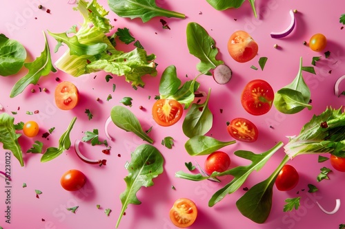 ingredientes aislados ensalada, rúcula lechuga rábano y tomate sobre fondo rosa, verdura en el aire, productos frescos saludables photo