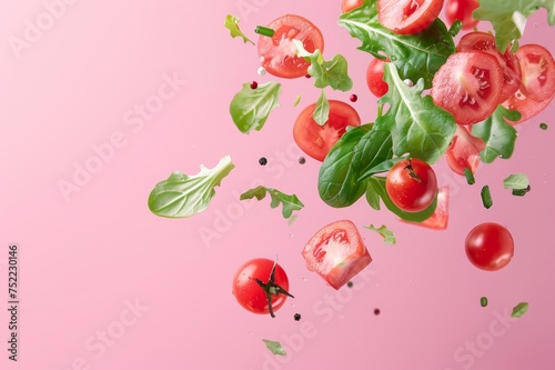 ingredientes aislados ensalada, rúcula y tomate sobre fondo rosa, verdura en el aire, productos frescos saludables photo