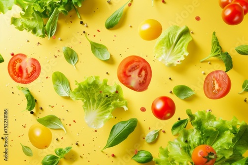 ingredientes aislados ensalada, lechuga tomate espinacas pepino y brotes verdes sobre fondo amarillo, verdura flotando, productos frescos salusables